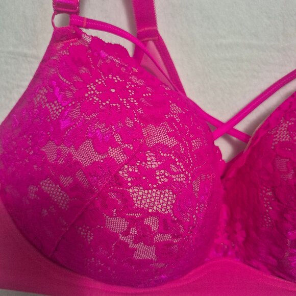 Torrid Hot Pink Lace Bra 50B Strappy Padded Sexy Plus Size Lingerie - Picture 2 of 10